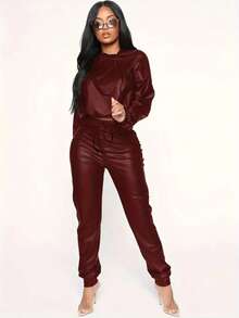 Women's PU Leather Hooded 2 Pieces Set, Solid Color Jacket And Pants Suit