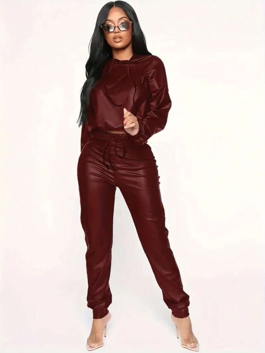 Women's PU Leather Hooded 2 Pieces Set, Solid Color Jacket And Pants Suit