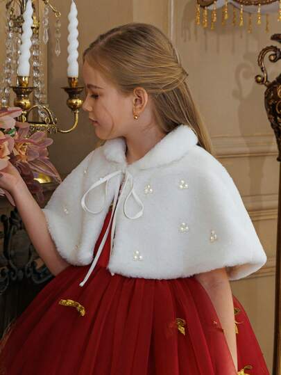 Elegante abito da principessa bianco con perline per ragazza pre-adolescente, adatto per feste di compleanno, San Valentino, ballo, matrimonio, damigella, esibizioni sul palco, con scialle
