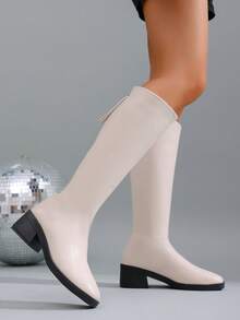 女士V型高筒靴，厚筒，秋冬季，宽筒，西部风格，中跟，修身，及膝骑马靴，户外休闲时尚 - 白色 - 查看 6