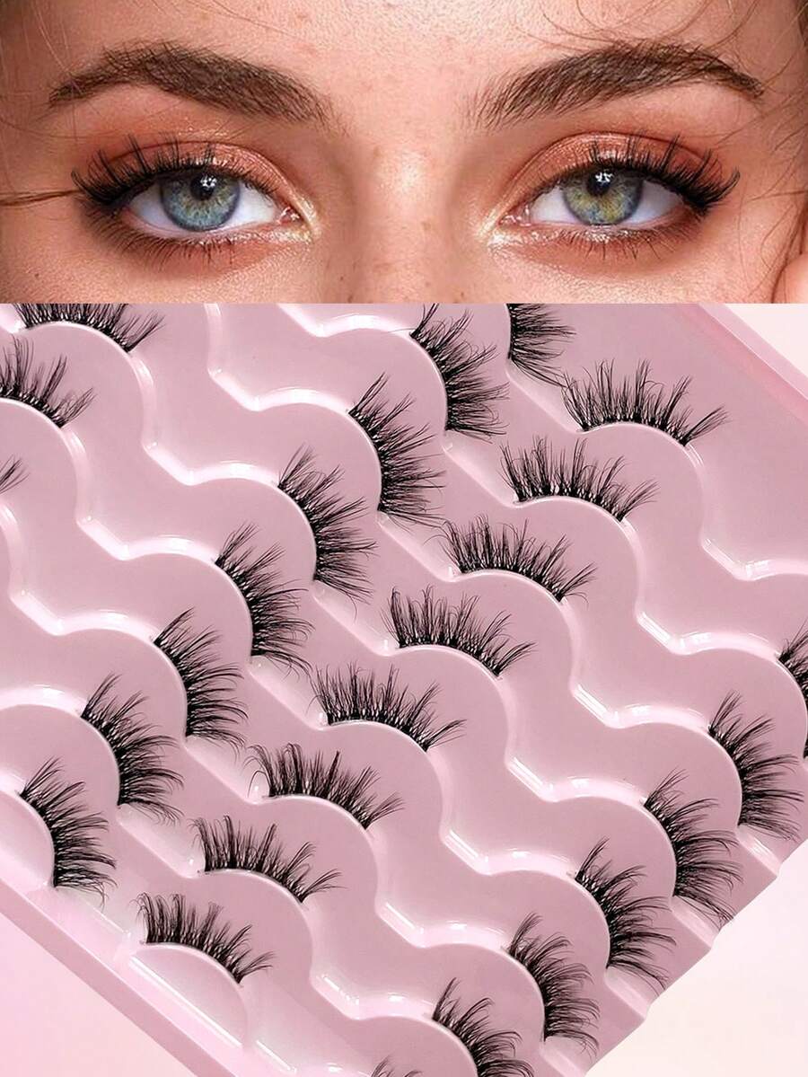 ENCHUW 16对半睫毛透明带柔软自然纤细猫眼仿貂睫毛化妆蓬松半眼假睫毛 - 黑色 - 查看 1