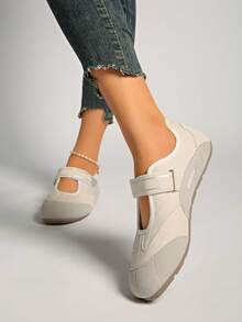 女士新款撞色时尚经典钩环舒适春秋芭蕾平底鞋，休闲可爱正装平底鞋 - 米色 - 查看 2