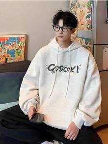 Men's Casual Streetwear Hoodie With Slogan Print, Pockets, And Drawstring, Perfect For Spring And Autumn, Or Back To School. - Màu Xám nhạt - Xem 3
