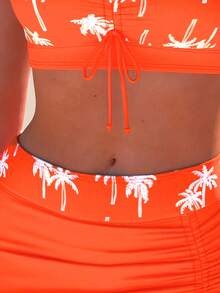 AguaCube Women'S Neon Green Tropical Palm Tree Print Off-Shoulder Tankini Set - Beach Vacation Swimwear With Vibrant Palm Design, High Elasticity Fabric, And Quick-Dry Technolog - Màu Cam san hô - Xem 5