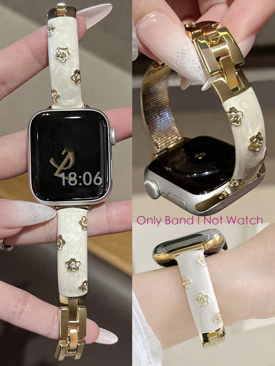 1pc Gold Floral Inlaid Metal Bracelet Watch Band, Women's Plum Blossom Ceramic Watch Band, Compatible With Apple Watch Series Ultra 3/2/1, SE, 11, 10, 9, 8, 7, 6, 5, 4, 3, 2, 1, Size 38/40/41/42/44/45/46/49mm, Smart Watch Accessory, Gold Band