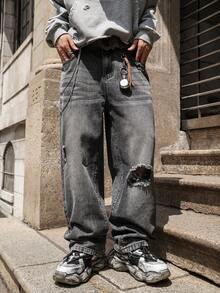 Calça Jeans Masculinos Vintage Lavados, Perna Reta Solta e DesgastadaDenimns Versátil e Estilo Streetwear Y2K, Adequado como Presente para Namorado ou Marido