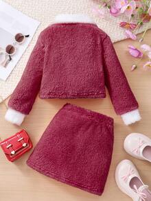 秋冬女童休闲优雅仿皮草夹克和裙子两件套 - 紅色 - 查看 2