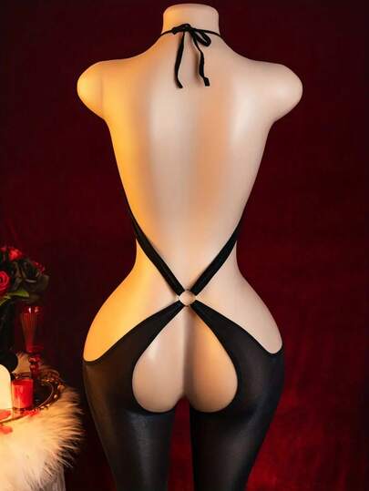 Sexy Lingerie, 1 Piece Date Night, Plus Size Erotic Underwear, Halterneck Open Stall Breast Exposure Jumpsuit Fishnet Cutout Net, Black Sexy Big Loophole Fishnet Bodysuit, Cutout See-Through Sleeveless Large Mesh Tights, Women's Sexy Lingerie Black, Bold Erotic Costume Leaking Exotic Seductive Underwear