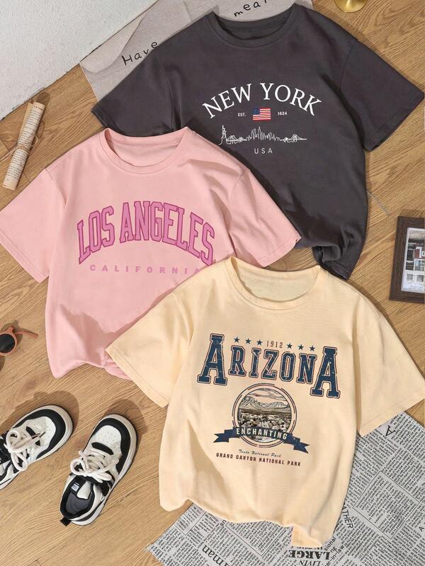 3pcs/Set Summer New Casual Funny Car Racing & Japanese Cherry Blossom Print Round Neck Short Sleeve T-Shirts, Fashionable & Versatile Women Tops