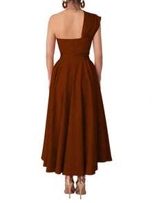 女式无袖纯色连衣裙，带口袋和侧开衩，优雅夏日 - 咖啡 - 查看 2