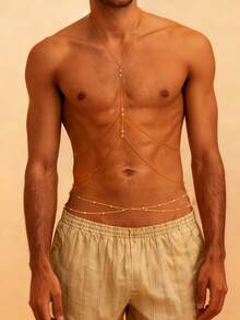 طقم قلادة متعددة الطبقات وسلسلة صدر وسلسلة خصر للرجال، سلسلة جسم من سبيكة مزينة بالراين للاستخدام اليومي والمناسبات