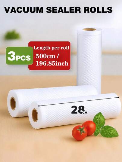 3 件套真空密封卷（每卷 500 厘米）- 用于食品的纹理袋，可确保最大程度的新鲜度，可重复使用，不含双酚 A，可用于微波炉和冰箱，非常适合肉类、蔬菜和水果，锁住新鲜度，节省空间！