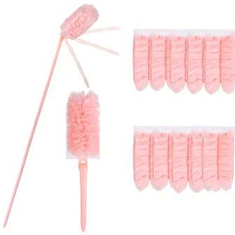 10 件可重复使用除尘器头，带玻璃纤维手柄 - 柔软刷毛，适用于吊扇、家具、照明设备 - 粉色多表面清洁垫，蓬松质地，坚固除尘器，适用于卧室、浴室、厨房、客厅