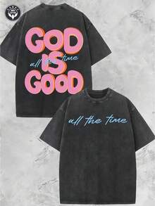250g Heavyweight Washed Cotton Crew Neck T-Shirt - GOD IS GOOD Double-Sided Vintage Distressed Graphic, Unisex Oversized Loose Fit Casual Streetwear, Brown With Pink & Blue Lettering For Men & Women, Spring Summer Casual Attire, Easter & Festival Outfits - 黑色 - 查看 12
