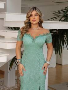 Long Off-The-Shoulder Party Dress In Shiny Lace - Mint Green - View 7