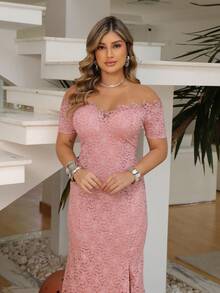 Long Off-The-Shoulder Party Dress In Shiny Lace - Rusty Rose - View 6