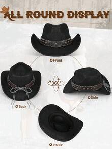 Sombrero unisex bohemio de vaquero - Sombrero vaquero vintage occidental con decoración de cabeza de ganado y cinturón, Panamá de fieltro suave hecho a mano, ala ancha, retro para fiestas