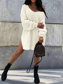 Women's V-Neck Fashionable & Elegant Solid Color Knitted Slit Long Sleeve Dress, Casual Everyday Wear