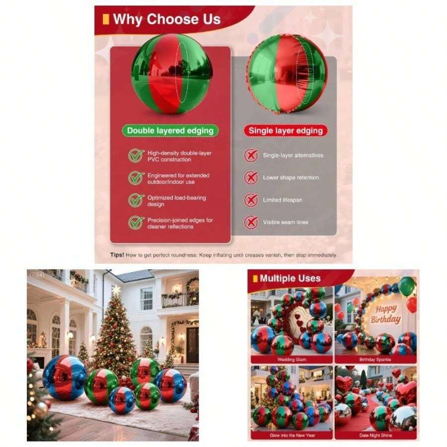 Inflatable Mirror Ball, Big Shinny Balls Inflatable Large Event Decoration, Reusable PVC Hanging Disco Ball Party, Concert, Stage, Wedding Decor - No Pump IncludedRedGreen Stripes, 0.5 19. Inch - Red & Green Stripes + 0.5 M/19.7 Inch - View 1