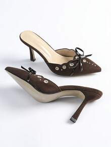 Fall/Winter Women's Fashion Pointed Toe Coffee Brown Bow Accent Party -On Stiletto High Heel Pumps, Elegant, Mule