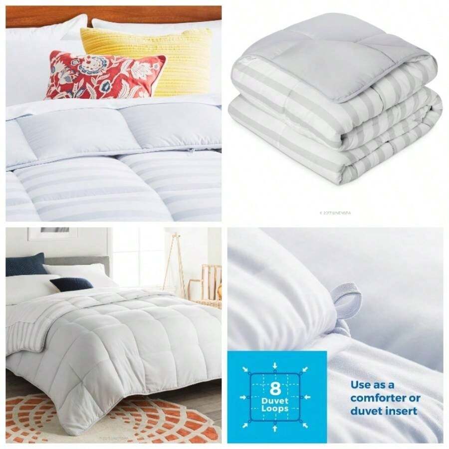 - Edredn Acolchado de Plumn Alternativo - - Microfibra Suave e Hipoalergnica - salo o con Funda - Reversible - Toda Estacin - Azul Marino con Gris Claro - Matrimonial + Blanco / Rayas Gris - Ver 1