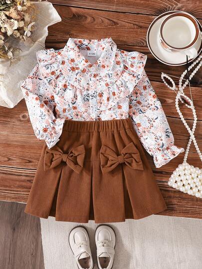 طقم ملابس علوية بياقة بولو وتصميم زهور صغيرة مع تنورة بنية أنيقة للبنات الصغار، خريف/شتاء