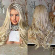 Farbverlauf Aschblond Perücken mit braunen Highlights 13x4 Lace Front Perücke lange Körperwelle frei stylen vorgerupft synthetische Fasern 26 Zoll für Frauen - Markieren Sie Blond - Übersicht 2