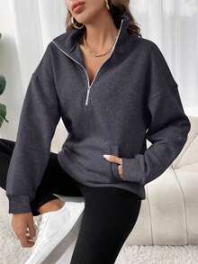 Sudadera deportiva holgada y versátil de talla grande para mujer, de unicolor, con media cremallera, para primavera - Gris Oscuro - Ver 5