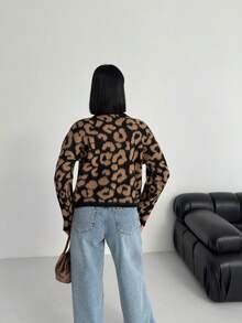 Modischer Lässig Leopard Jacquard Cardigan für den Herbst - Schwarz - Übersicht 6