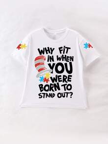 Boys' Personalized Minimalist Cartoon Puzzle Pattern Letter Slogan Print Crew Neck Short Sleeve T-Shirt, New Summer Boys Clothing - White - View 3