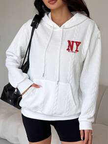 女士时尚连帽长袖针织面料运动衫，带抽绳细节和纽约图案 - 白色 - 查看 2