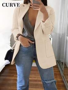 Plus Size Women Elegant Apricot Open Front Blazer Jacket, Essential For Office Wear