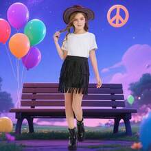 Girls Kids Fringe Skirts 60s 70s Hippie Skirt Cowgirl Western Faux Suede Tassel Leather Skirt Hallowee - 棕色 - 查看 10