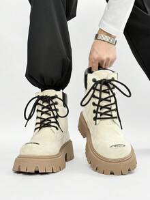 SLnU3 3pcs Men's Fashion High-Quality Casual Thick-Sole Elevated Boots, Dopamine Color, Minimalist Design, Punk Hip-Hop British Street Style, Versatile For All Seasons - White - View 4
