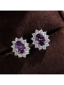 1 Pair Halo Stud Earrings For Women, Oval Cubic Zirconia With Crystal Surround, Metallic Tone Vintage Inspired Jewelry, Multiple Colors Available - Purple - View 2