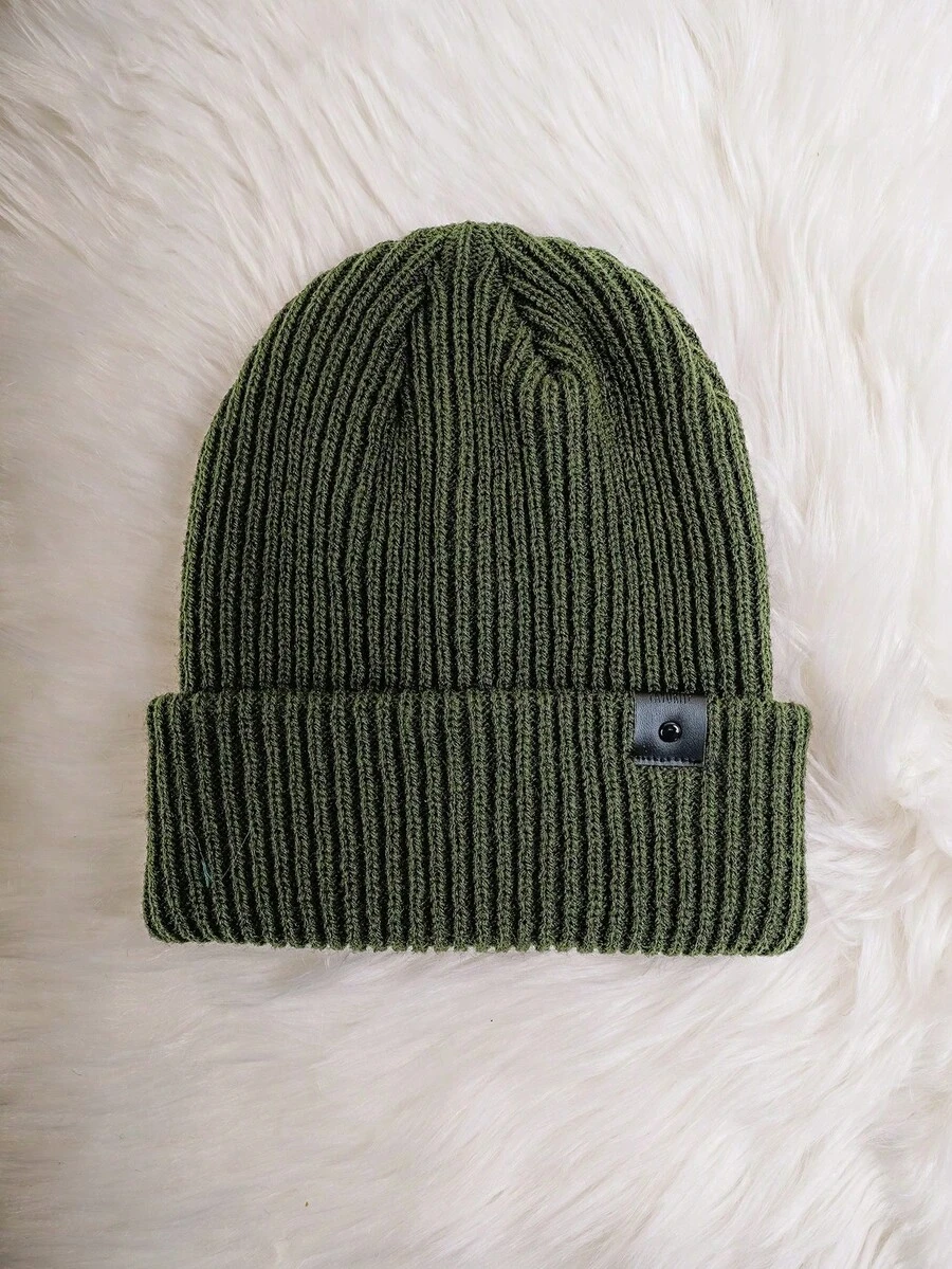 1 Stück unisex Y2K Stil gestrickter Beanie Hut mit Lederriemen, einfaches Design, warm & atmungsaktiv, vielseitig für Herbst/Winter Outdoor Tragen Herren Winterbekleidung