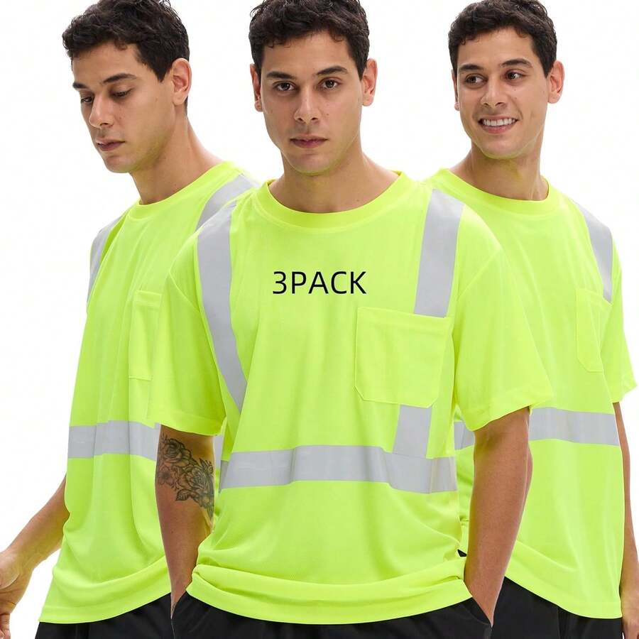3PACK High Visibility Shirts For Men, Class 3 Hi Vis Reflective Construction Shirts For Men With Pocket T Shirts,24199798 - 黃色 - 查看 1
