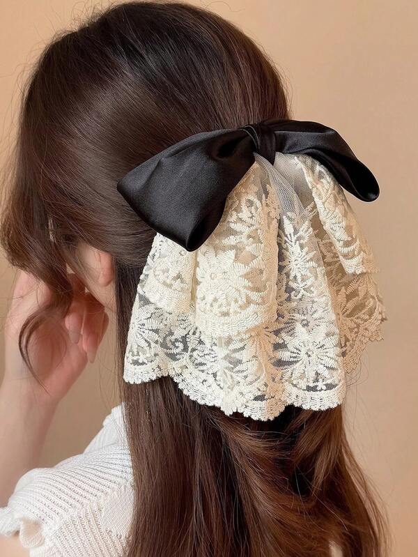 1pc Women's French Embroidered Chiffon Bow Hair Clip, High-End Sweet Hair Accessory For Ponytail, Elegant Fashion Versatile For Daily, Party, Holiday, Event, Birthday, Valentine's Day, School, Graceful Outfit Matching, Hair Styling Tool Claw Clips Winter Hair Claw