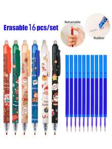 Set di 16 penne gel natalizie a cartoni animati, penne a sfera cancellabili con stampa di Babbo Natale carino, penne con punta fine per uso scolastico e di esame dei bambini, articoli di cartoleria natalizi di alta qualità come regalo per studenti delle scuole elementari