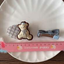 Korean Style Coffee Color Cute Cartoon Bear BB Clip Hair Clip Girls Sweet Fabric Bow Bangs Hair Clip - 愛心格子組 - 查看 4