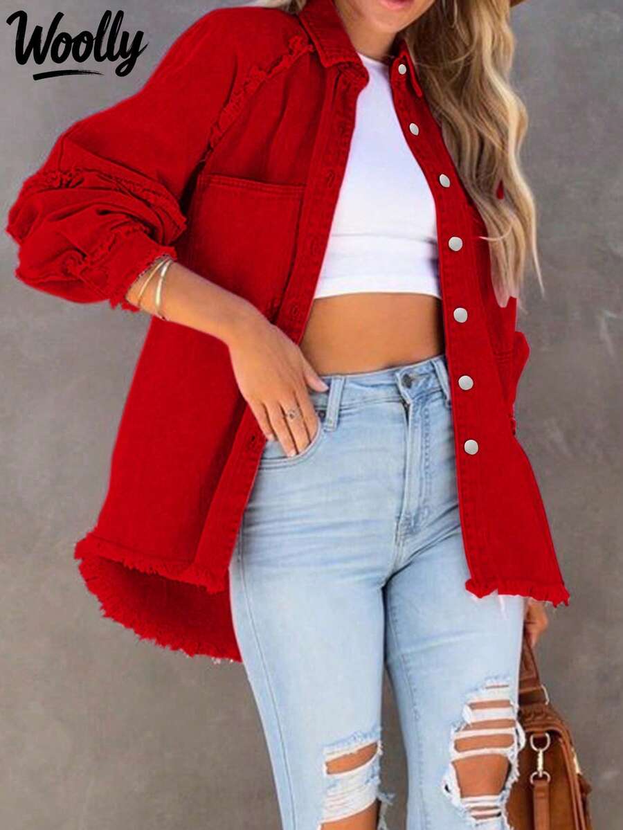 Frayed Edged Fashionable Loose Fit Pink Denim Jacket - Red - View 1