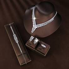1 Set Wedding Jewelry Set, Fashionable Cubic Zirconia Silver Plated Necklace, Ring, Earrings, Bracelet, For Wedding, Engagement, Party, Business Banquet, Decorative Accessories For Women, Bridal Gift
