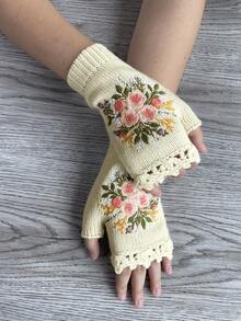 1 Pair Women's Vintage Style Warm Handmade Crochet Embroidered Floral Half Finger Knitted Gloves, Autumn/Winter - White - View 2