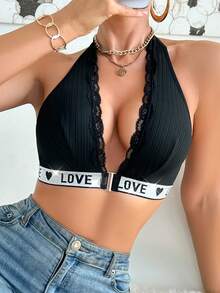 1pc Women's Black Halter Lace & Metallic Ribbon Front Closure Sexy Bra