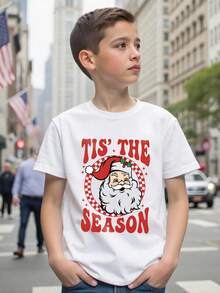 Camiseta de algodón con estampado de Papá Noel a cuadros para niños pequeños, ideal para Halloween y Navidad, con gráficos en negro. Descripción del estilo: Camisetas divertidas de fiesta de Halloween y Navidad para niños pequeños a la moda: estampado de Papá Noel a cuadros, ropa de verano/otoño para niños pequeños, camiseta de manga corta con cuello redondo, camisetas modernas, divertidas, con estampado de camuflaje, camisetas locales para niños pequeños, camisetas Mas Tour para niños pequeños, preadolescentes, adolescentes y niños pequeños. Ropa de Halloween y Navidad para niños pequeños. - Blanco - Ver 2