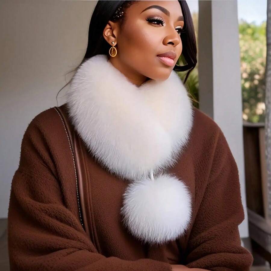 1pc Women's Luxury Faux Fur Scarf, Thickened Long Winter Neck Warmer With Fur Ball Lapel, Elegant Soft Fashion Accessory For Autumn & Cold Weather - xám - Xem 1