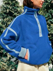 Women's Viral Sherpa Pullover Oversized Half Zip Sweatshirt | Cozy Y2K Winter Loungewear With Pocket Tumbler Fit - 藍色 - 查看 3