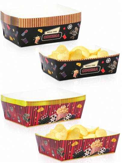 10 pezzi/20 pezzi/40 pezzi Vassoi per spuntino da cinema, contenitori di carta per alimenti, scatole per spuntino da cinema, contenitori per alimenti, accessori per feste per spuntino come popcorn, hamburger, patatine fritte, hot dog, taco, nachos, confezioni per feste di popcorn, decorazioni