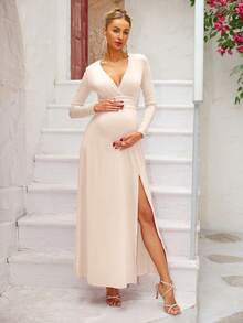 Joyfunear Pregnant Women's Solid Color Deep V-Neck High Slit Elegant Long Sleeve Dress Spring - Apricot - View 3