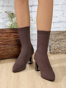 Women's Pointed Toe Mid-Calf Knitted Ankle Boots, High Heel Chunky Heel, Casual Stretch Sock Booties For Fall/Winter - Brown - View 13